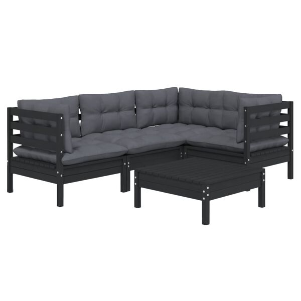 vidaXL 5-tlg. Garten-Lounge-Set mit Kissen Schwarz Kiefernholz