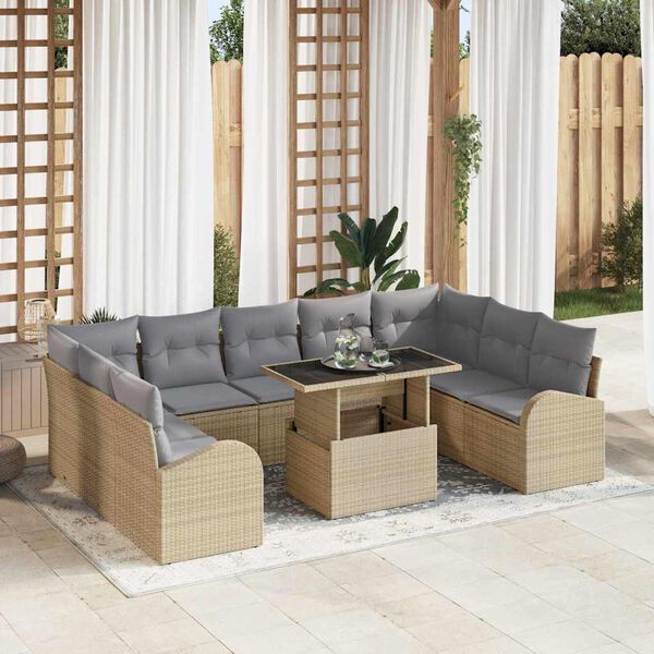 vidaXL Gartensofa-set mit Kissen mit Speicher 10 pcs Beige Poly Rattan