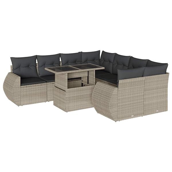 vidaXL 9-tlg. Garten-Sofagarnitur mit Kissen Hellgrau Poly Rattan