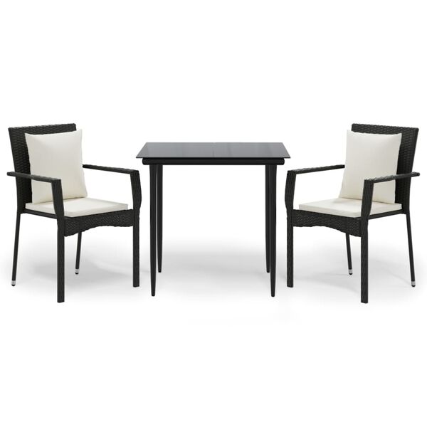 vidaXL 3-tlg. Garten-Essgruppe mit Kissen Schwarz Poly Rattan