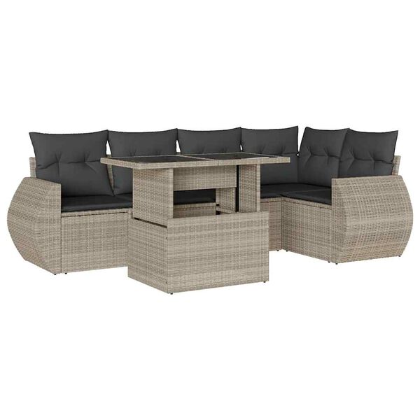 vidaXL 6-tlg. Garten-Sofagarnitur mit Kissen Hellgrau Poly Rattan