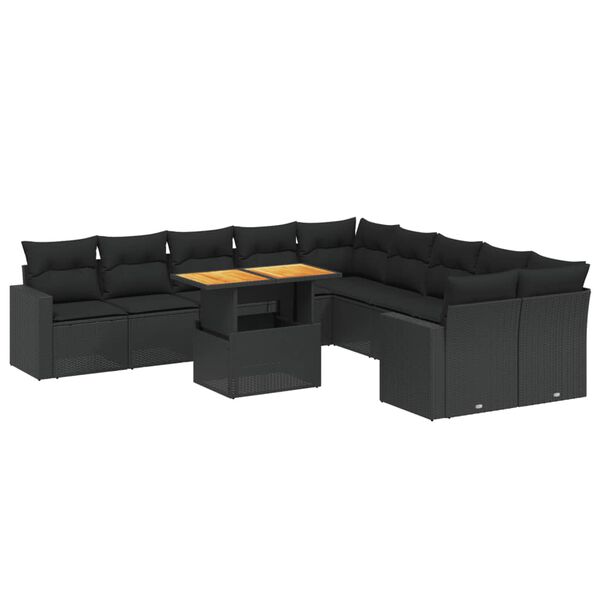 vidaXL 11-tlg. Garten-Sofagarnitur mit Kissen Schwarz Poly Rattan