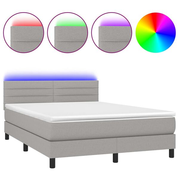 vidaXL Boxspringbett mit Matratze & LED Hellgrau 140x200 cm Stoff