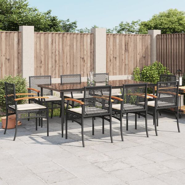 vidaXL 9-tlg. Garten-Essgruppe mit Kissen Schwarz Poly Rattan