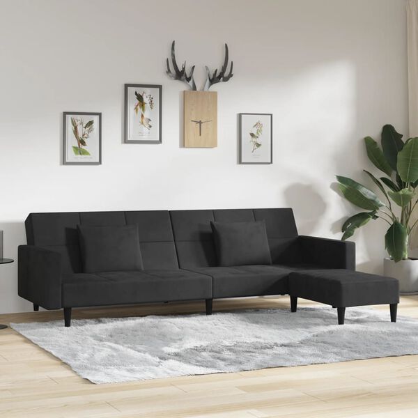 vidaXL Schlafsofa 2-Sitzer mit 2 Kissen & Hocker Schwarz Samt