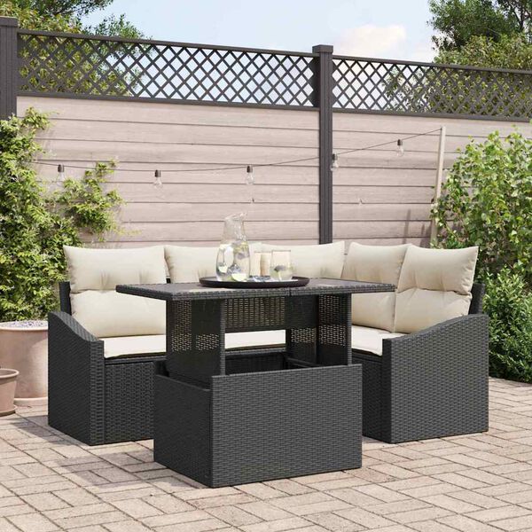 vidaXL Garten-Sofa-Set mit Kissen mit Speicher 5 pcs Schwarz und Creme