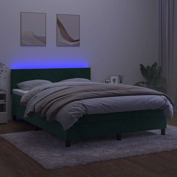 vidaXL Boxspringbett mit Matratze & LED Dunkelgr&uuml;n 140x190 cm Samt