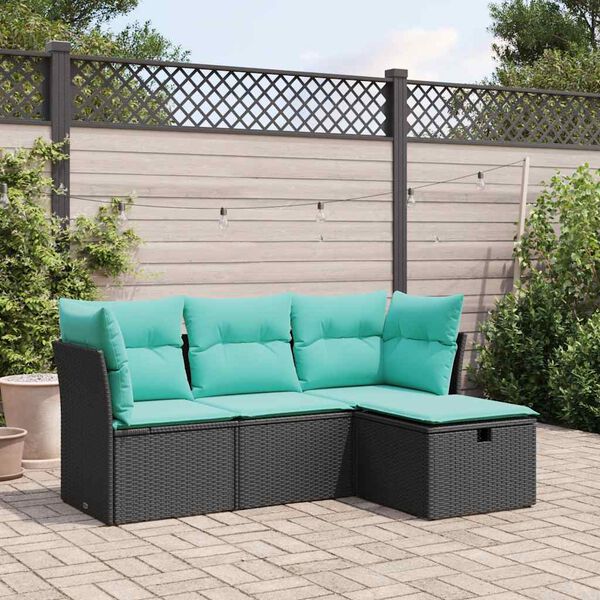 vidaXL 4-tlg. Garten-Sofagarnitur mit Kissen Schwarz Poly Rattan