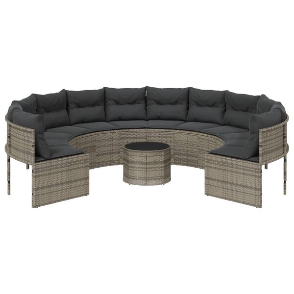 vidaXL Gartensofa mit Tisch und Kissen Rund Grau Poly Rattan