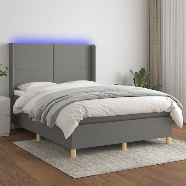 vidaXL Boxspringbett mit Matratze & LED Dunkelgrau 140x190 cm Stoff