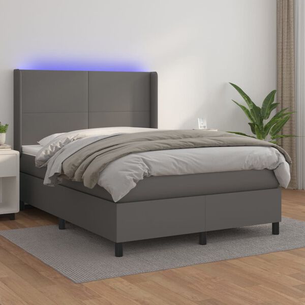 vidaXL Boxspringbett mit Matratze & LED Grau 140x190 cm Kunstleder