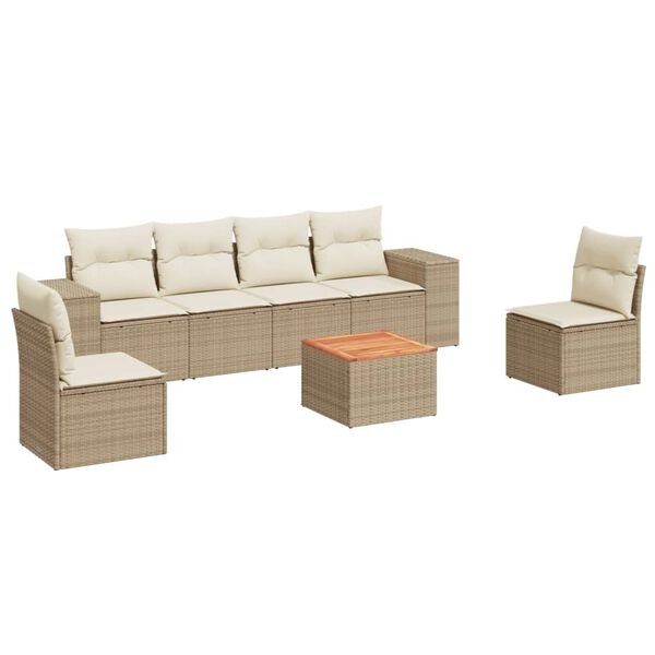 vidaXL 7-tlg. Garten-Sofagarnitur mit Kissen Beige Poly Rattan