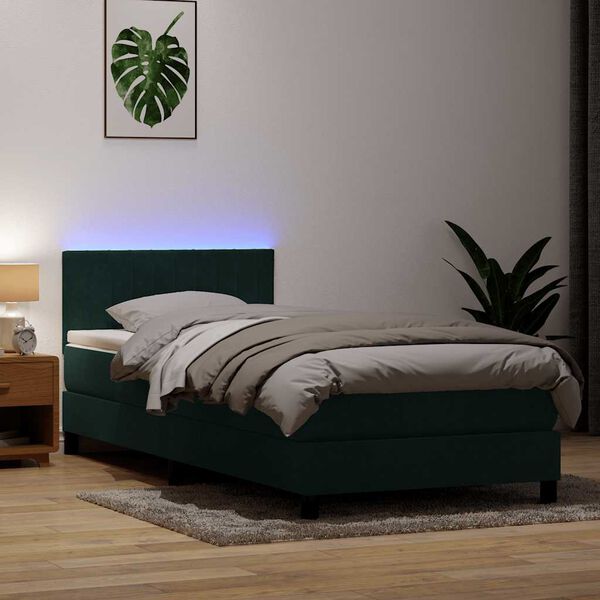vidaXL Boxspringbett mit Matratze & LED Dunkelgr&uuml;n 90x220 cm Samt