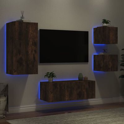 vidaXL 5-tlg. Wohnwand mit LED-Beleuchtung Räuchereiche Holzwerkstoff
