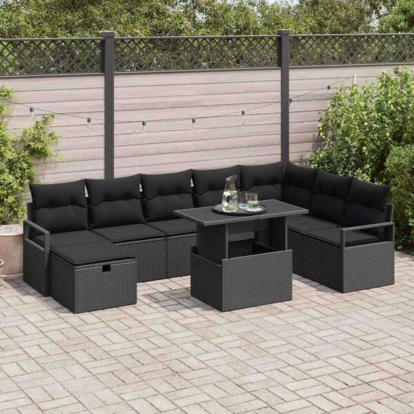 vidaXL Garten-Sofa-Set mit Kissen 9 pcs Schwarz Poly Rattan
