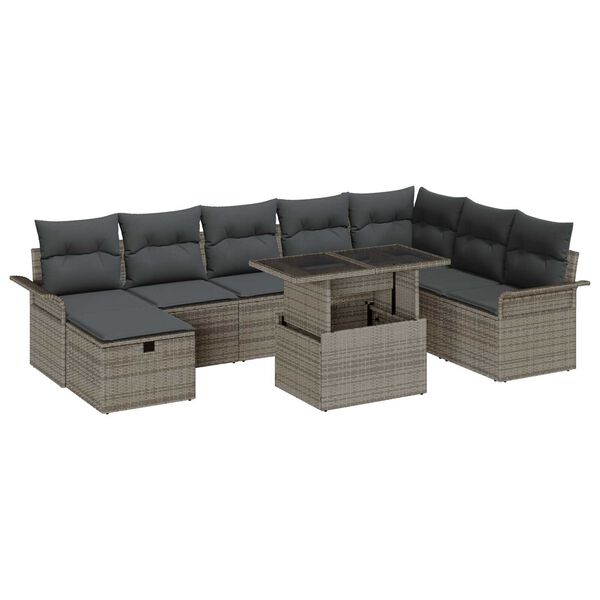 vidaXL Garten-Sofa-Set mit Kissen mit Speicher 9 pcs Grau Poly Rattan