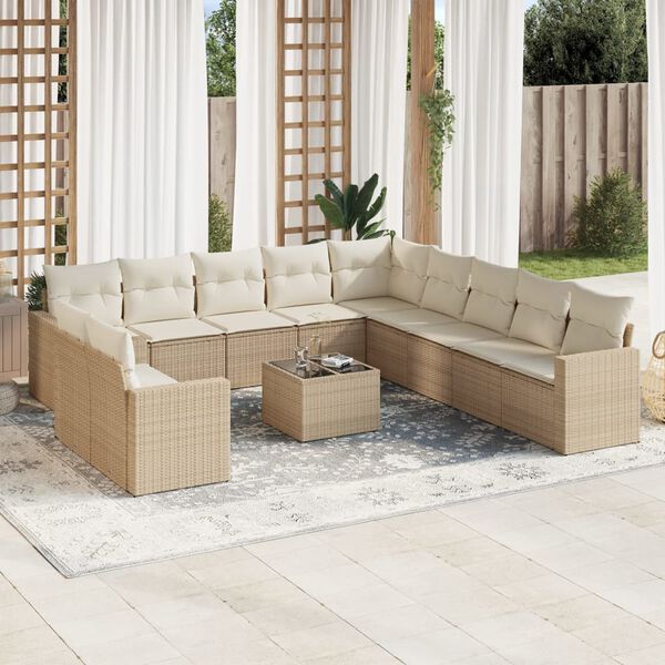 vidaXL 12-tlg. Garten-Sofagarnitur mit Kissen Beige Poly Rattan