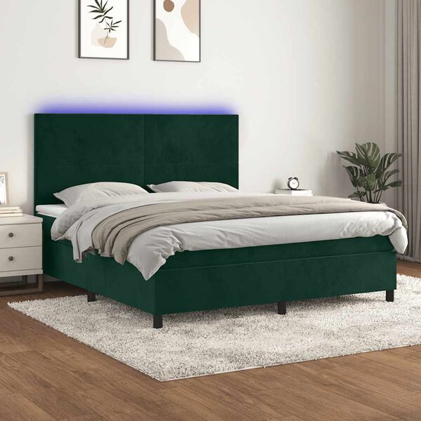 vidaXL Boxspringbett mit Matratze & LED Dunkelgr&uuml;n 180x200 cm Samt