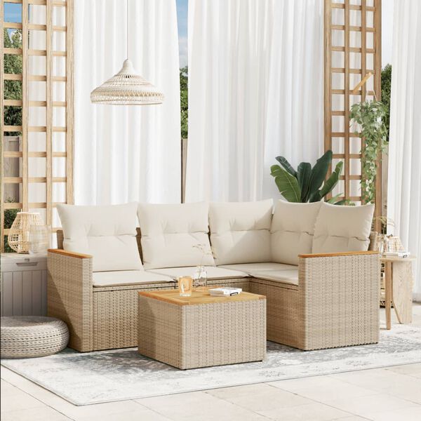 vidaXL 5-tlg. Garten-Sofagarnitur mit Kissen Beige Poly Rattan
