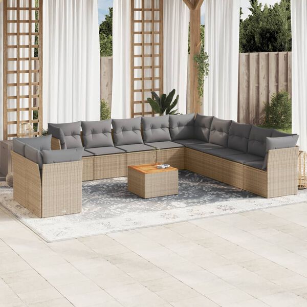 vidaXL 12-tlg. Garten-Sofagarnitur mit Kissen Beige Poly Rattan