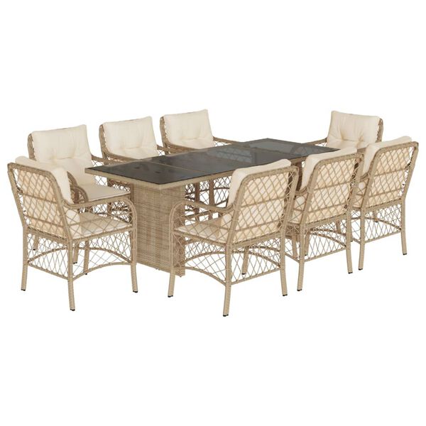 vidaXL 9-tlg. Garten-Essgruppe mit Kissen Beige Poly Rattan