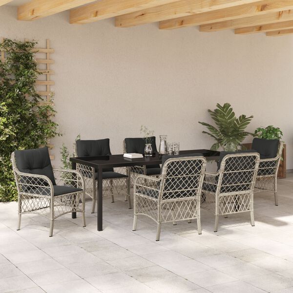 vidaXL Garten Essgruppe mit Kissen 7 pcs Hellgrau Poly-Rattan