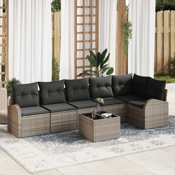 vidaXL Sofa Set mit Kissen mit Speicher 7 pcs Grau Poly-Rattan