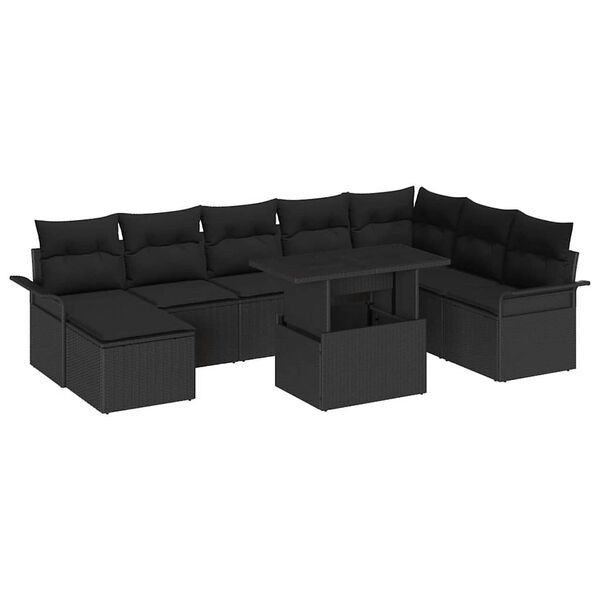 vidaXL Sofa Set mit Kissen 9 pcs Schwarz Poly-Rattan