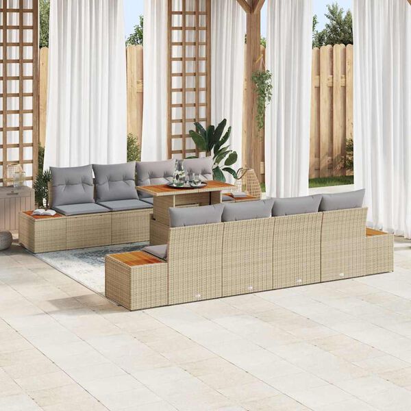 vidaXL Garten-Sofa-Set mit Kissen mit Speicher 9 pcs Beige Poly Rattan