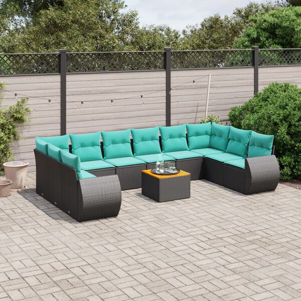 vidaXL 11-teiliges Gartensofa-Set mit Kissen, schwarzes Polyrattan