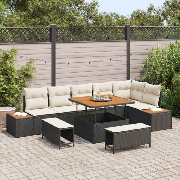vidaXL Garten-Sofa-Set mit Kissen mit Speicher Schwarz Poly Rattan
