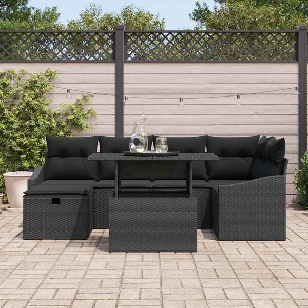 vidaXL Garten-Sofa-Set mit Kissen 7 pcs Schwarz Poly Rattan