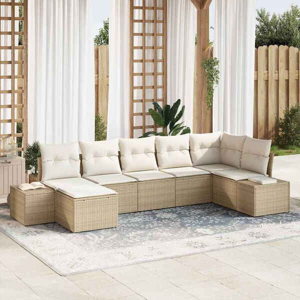 vidaXL Garten-Sofa-Set mit Kissen mit Speicher 7 pcs Beige Poly-Rattan