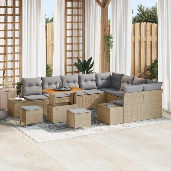 vidaXL Gartensofa-set mit Kissen mit Speicher 12 pcs Beige Poly Rattan