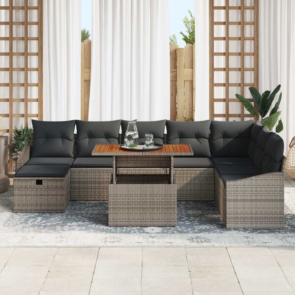 vidaXL Gartensofa-set mit Kissen mit Speicher 9 pcs Grau Poly-Rattan