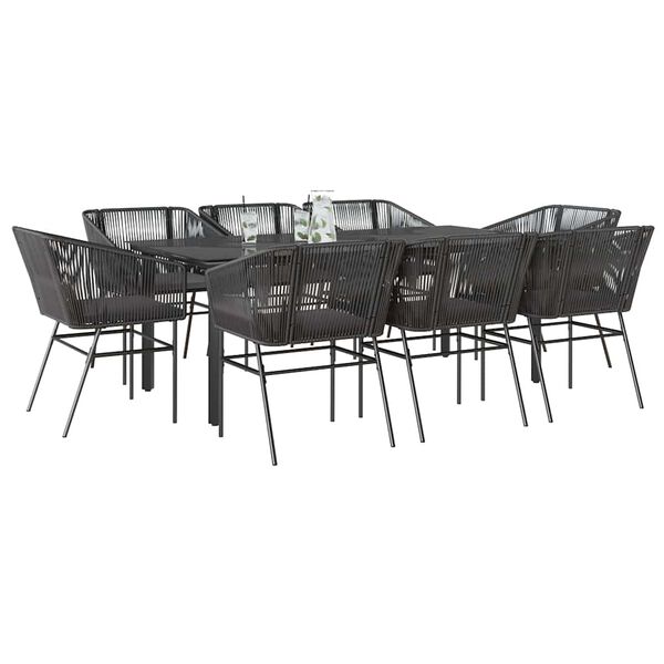 vidaXL 9-tlg. Garten-Essgruppe mit Kissen Schwarz Poly Rattan Glas