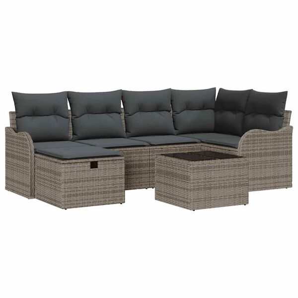 vidaXL Garten-Sofa-Set mit Kissen mit Speicher 7 pcs Grau Poly Rattan