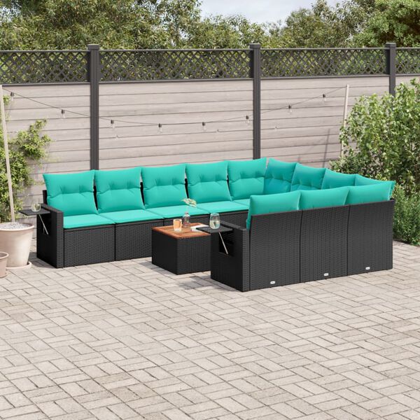 vidaXL 11-teiliges Gartensofa-Set mit Kissen, schwarzes Polyrattan