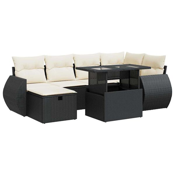 vidaXL 7-tlg. Garten-Sofagarnitur mit Kissen Schwarz Poly Rattan