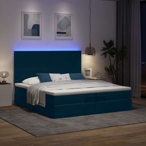 vidaXL Ottoman-Bett mit Matratzen & LED Dunkelblau 200x200 cm Samt