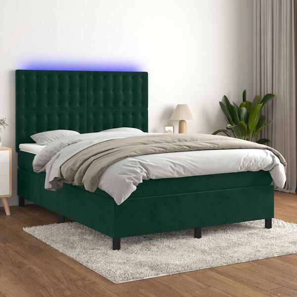 vidaXL Boxspringbett mit Matratze & LED Dunkelgr&uuml;n 140x200 cm Samt