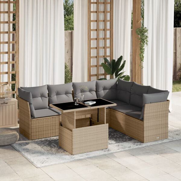 vidaXL 7-tlg. Garten-Sofagarnitur mit Kissen Beige Poly Rattan