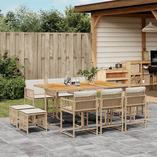 vidaXL 11-tlg. Garten-Essgruppe mit Kissen Beige Poly Rattan