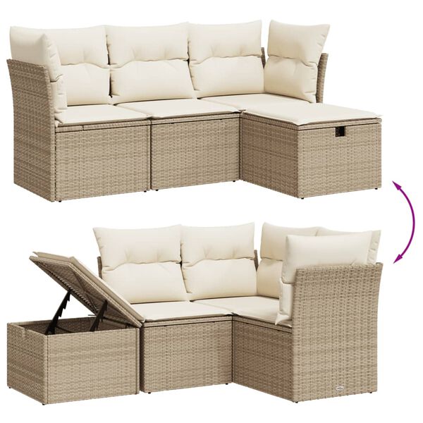 vidaXL 4-tlg. Garten-Sofagarnitur mit Kissen Beige Poly Rattan