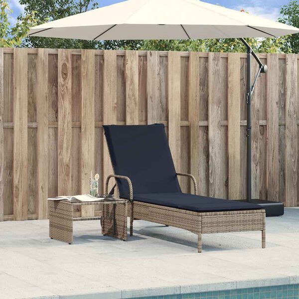 vidaXL Sonnenliege mit Rollen und Kissen Grau Poly Rattan