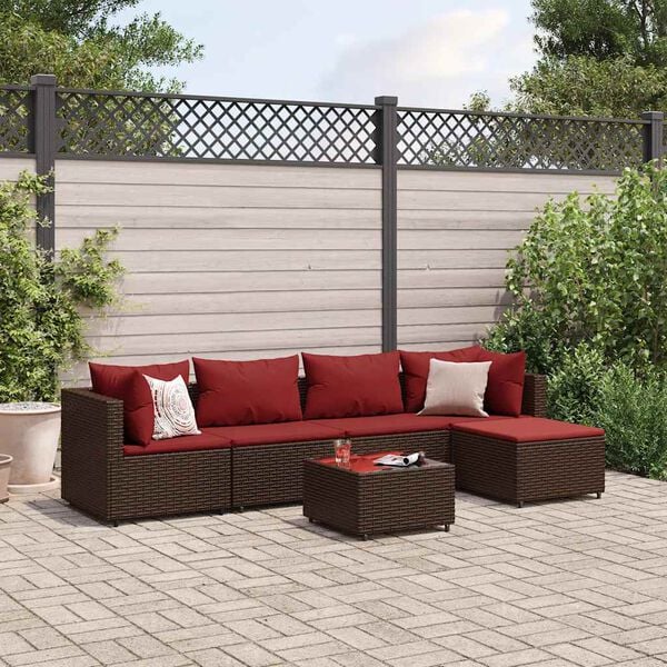 vidaXL 5-tlg. Garten-Lounge-Set mit Kissen Braun Poly Rattan