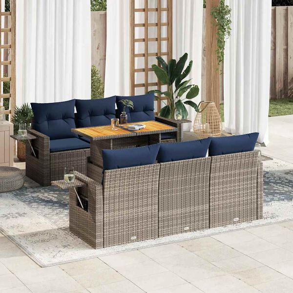 vidaXL 7-tlg. Garten-Sofagarnitur mit Kissen Grau Poly Rattan