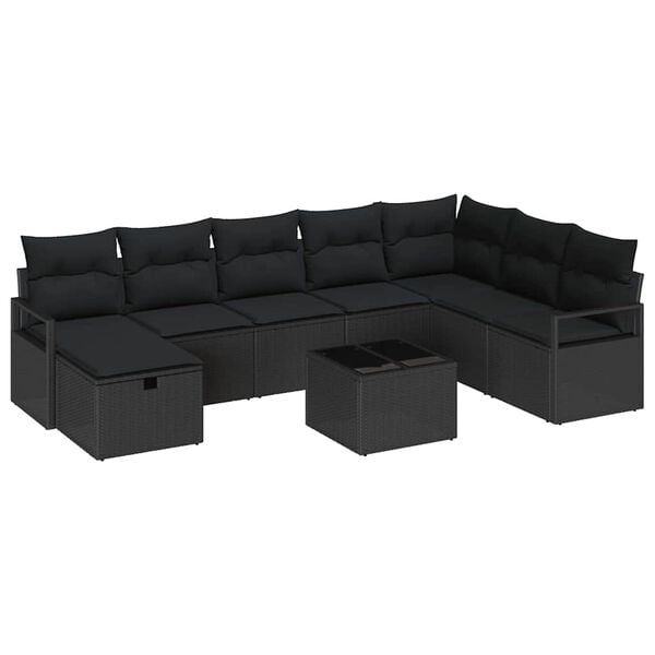 vidaXL Sofa Set mit Kissen mit Speicher 9 pcs Schwarz Poly-Rattan