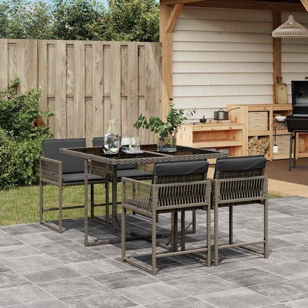 vidaXL 5-tlg. Garten-Essgruppe mit Kissen Grau Poly Rattan