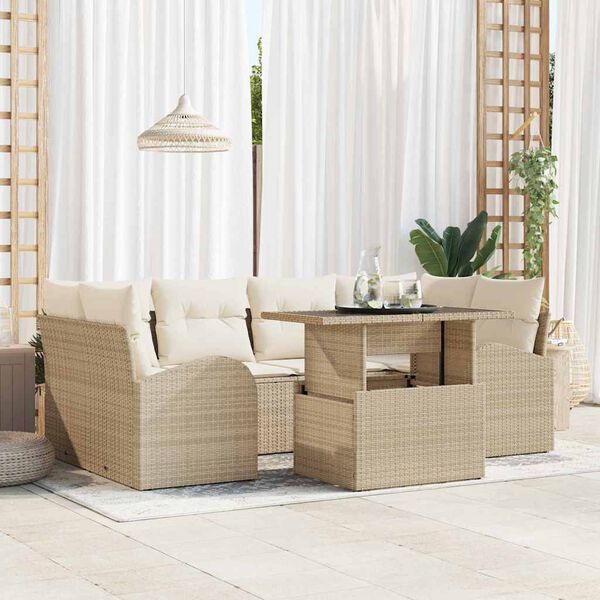vidaXL Garten-Sofa-Set mit Kissen mit Speicher 7 pcs Beige Poly Rattan